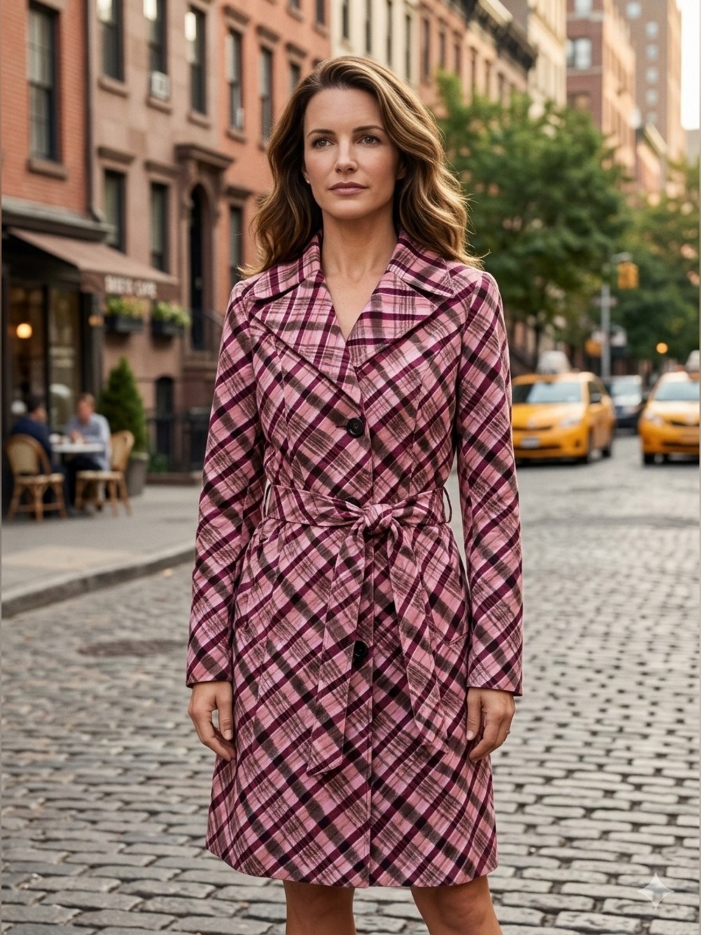 Kristin Davis NWT Pink Brown Plaid Belted Trench Coat L